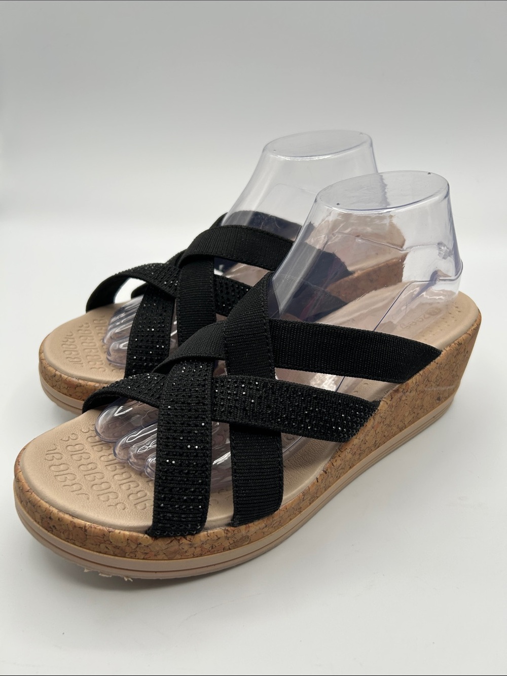 Bzees Black Wedge Sandals with Crisscross Sparkle Straps